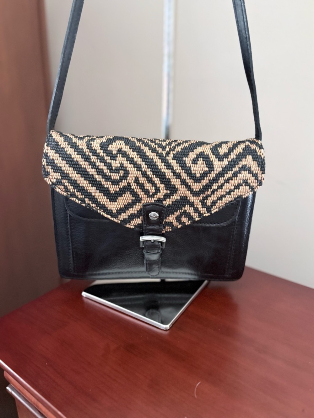 Patricia Nash Cassano Black Leather Natural & Black Woven Crossbody